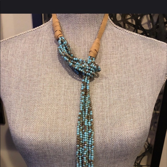 Turquoise Cut Crystal Statement Lariat Necklace-boutique - Picture 5 of 10